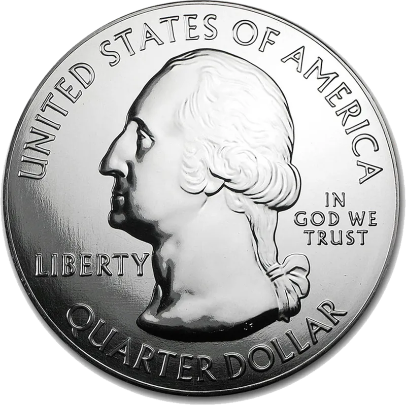 The heads side of a silver US Quarter